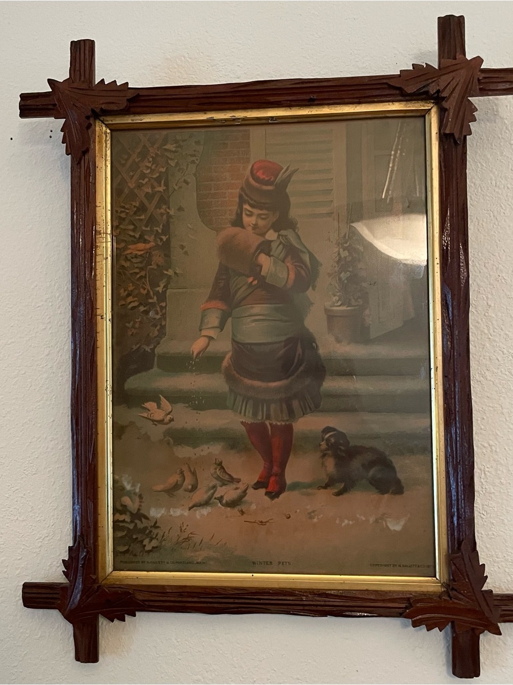 Vintage Adirondack Framed H Hallett & Co Maine Chromolithograph 1879 Winter Pets